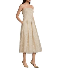Donna Karan Floral Embroidered Mesh Sequin Strapless Pleated Midi Dress
