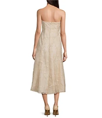 Donna Karan Floral Embroidered Mesh Sequin Strapless Pleated Midi Dress