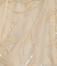 Donna Karan Floral Embroidered Mesh Sequin Strapless Pleated Midi Dress