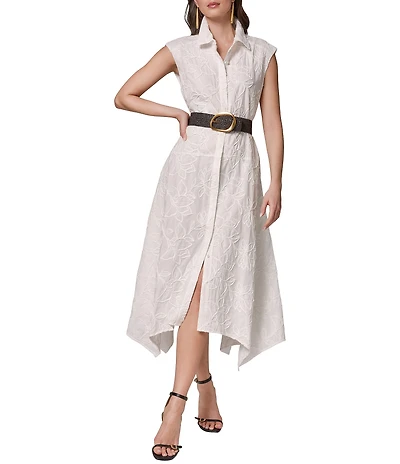 Donna Karan Floral Embroidered Poplin Point Collar Cap Sleeve Belted Midi Shirt Dress