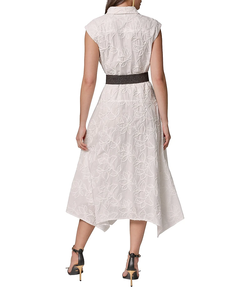 Donna Karan Floral Embroidered Poplin Point Collar Cap Sleeve Belted Midi Shirt Dress