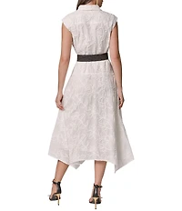 Donna Karan Floral Embroidered Poplin Point Collar Cap Sleeve Belted Midi Shirt Dress