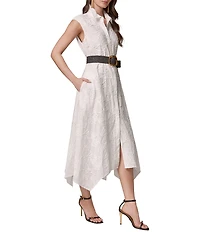 Donna Karan Floral Embroidered Poplin Point Collar Cap Sleeve Belted Midi Shirt Dress