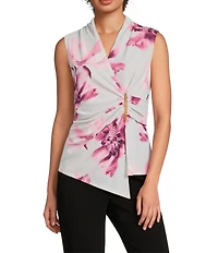Donna Karan Floral Faux Wrap Hardware Surplice V-Neck Sleeveless Top