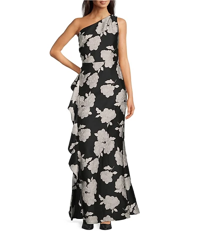 Donna Karan Floral Jacquard One Shoulder Cascading Ruffle Long Gown