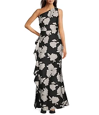 Donna Karan Floral Jacquard One Shoulder Cascading Ruffle Long Gown
