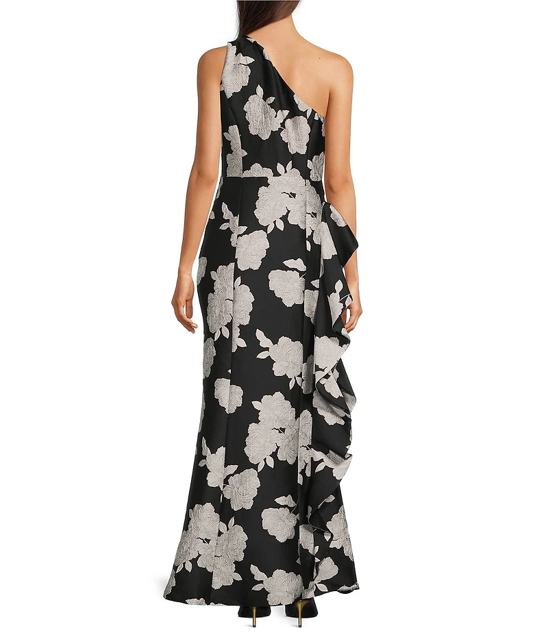 Donna Karan Floral Jacquard One Shoulder Cascading Ruffle Long Gown