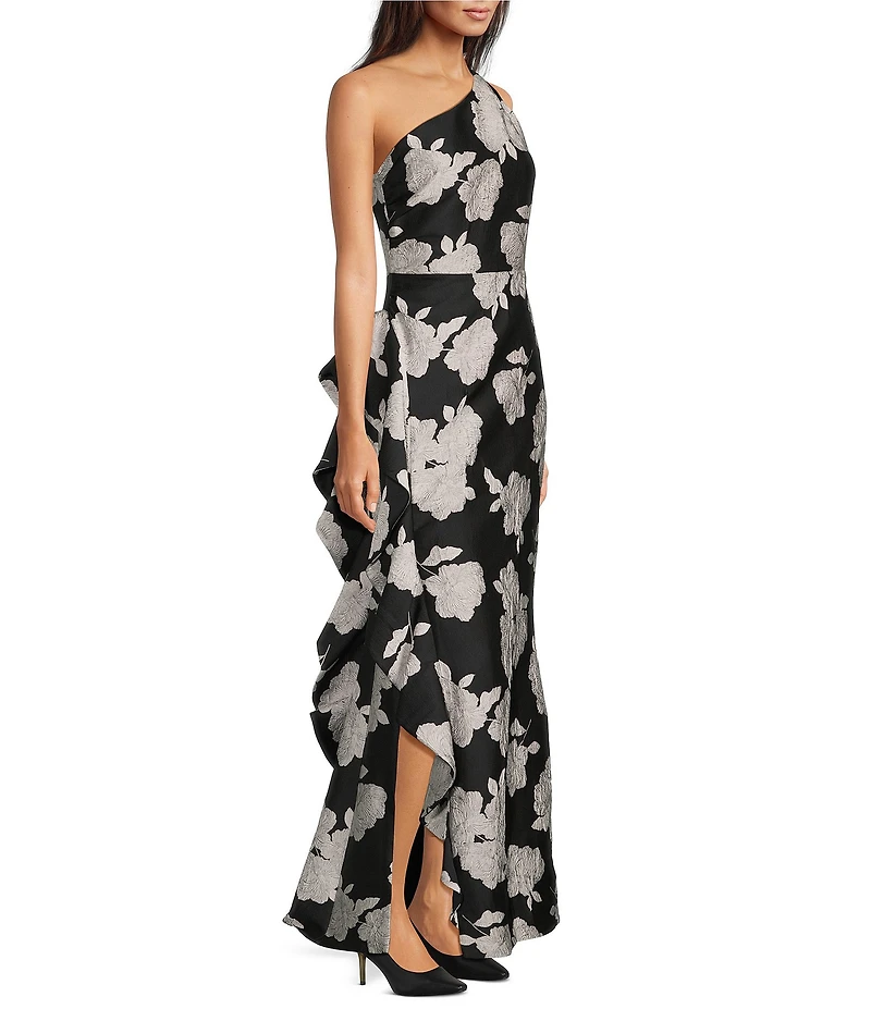 Donna Karan Floral Jacquard One Shoulder Cascading Ruffle Long Gown