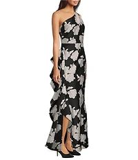 Donna Karan Floral Jacquard One Shoulder Cascading Ruffle Long Gown