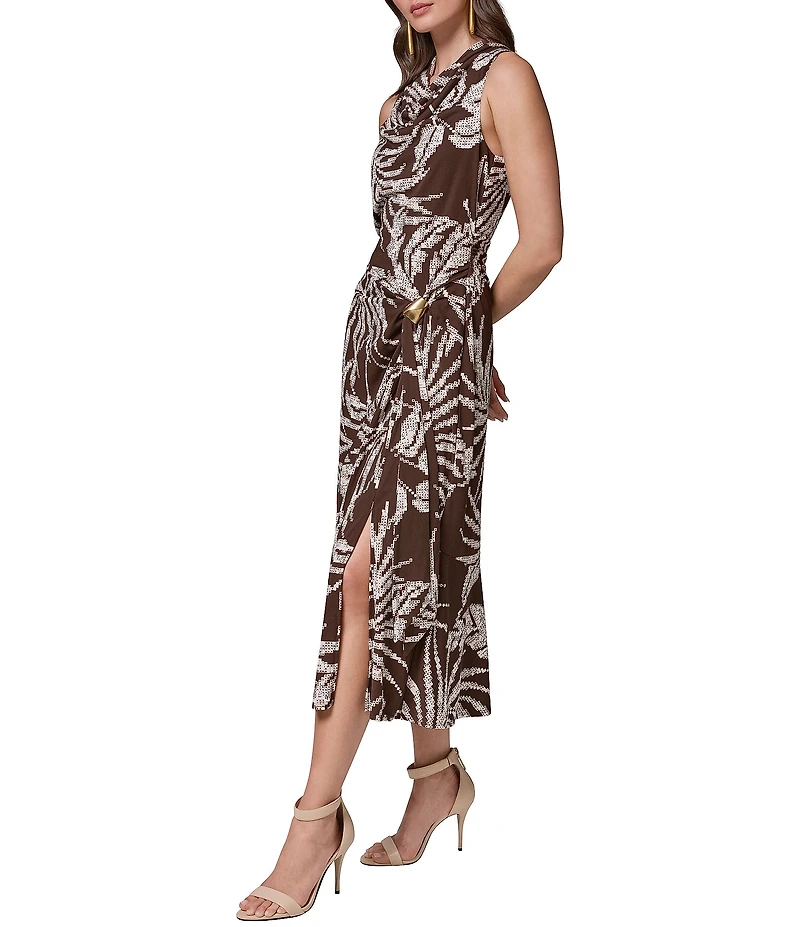 Donna Karan Floral Jersey Cowl Neck Sleeveless Midi Sheath Dress