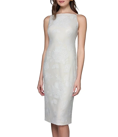Donna Karan Floral Lace Print Boat Neck Sleeveless Midi Dress