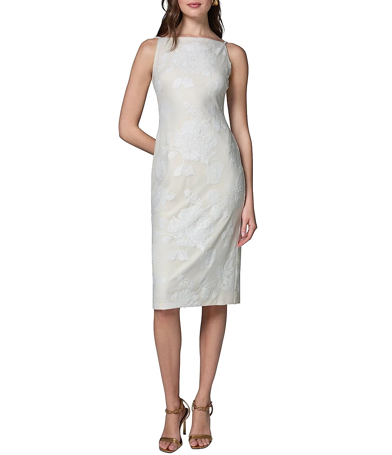 Donna Karan Floral Lace Print Boat Neck Sleeveless Midi Dress