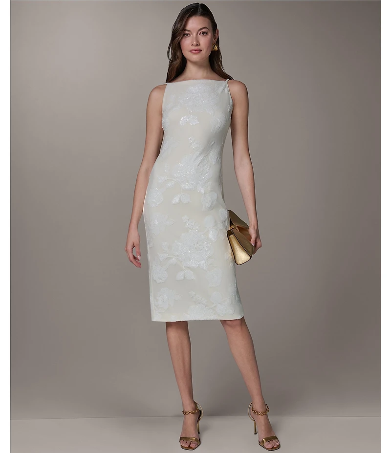 Donna Karan Floral Lace Print Boat Neck Sleeveless Midi Dress