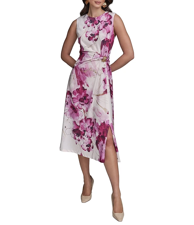 Donna Karan Floral Print Crew Neck Cap Sleeve Wrap Front Midi Dress |  Liberty Center