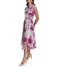 Donna Karan Floral Print Crew Neck Cap Sleeve Wrap Front Midi Dress