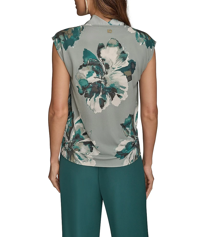Donna Karan Floral Mix Media Cowl Neck Cap Sleeve Blouse