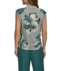 Donna Karan Floral Mix Media Cowl Neck Cap Sleeve Blouse