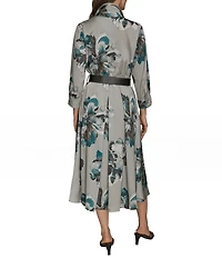 Donna Karan Floral Point Collar Belted Midi Shirtdress