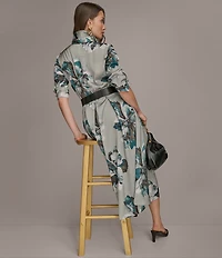 Donna Karan Floral Point Collar Belted Midi Shirtdress