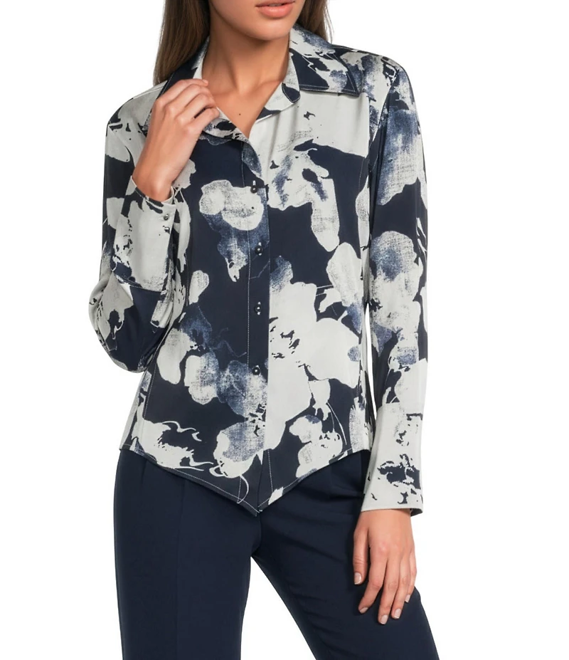 Donna Karan Floral Point Collar Long Sleeve Asymmetric Hem Blouse