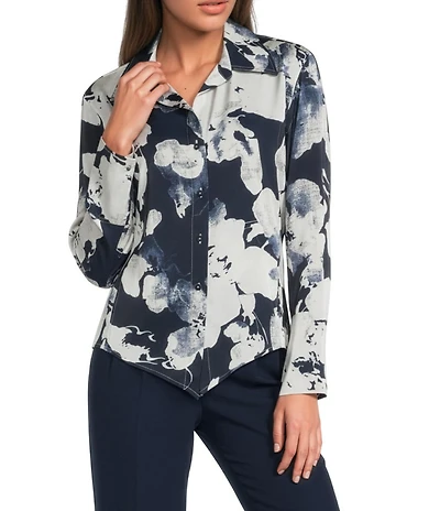 Donna Karan Floral Point Collar Long Sleeve Asymmetric Hem Blouse