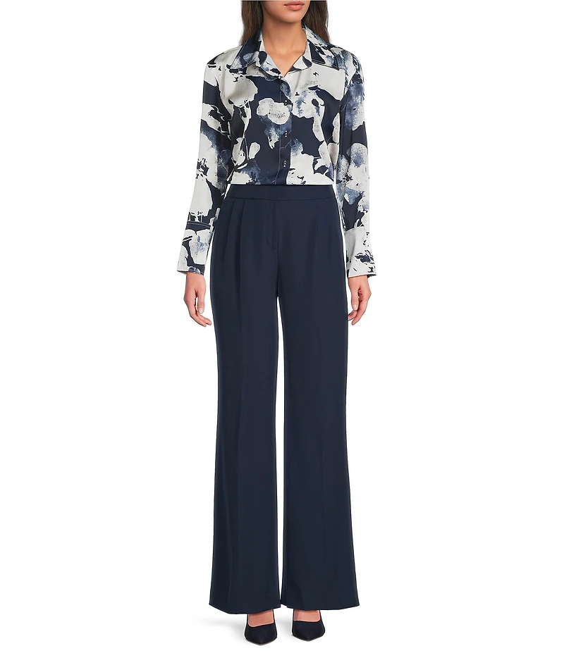 Donna Karan Floral Point Collar Long Sleeve Asymmetric Hem Blouse