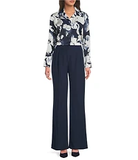 Donna Karan Floral Point Collar Long Sleeve Asymmetric Hem Blouse