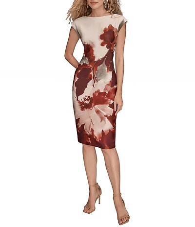 Donna Karan Floral Print Boat Neck Scuba Cap Sleeve Shift Dress