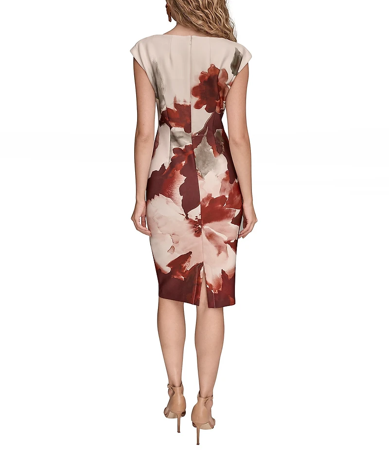 Donna Karan Floral Print Boat Neck Scuba Cap Sleeve Shift Dress