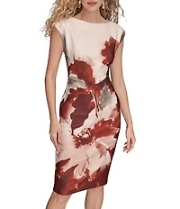 Donna Karan Floral Print Boat Neck Scuba Cap Sleeve Shift Dress