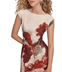 Donna Karan Floral Print Boat Neck Scuba Cap Sleeve Shift Dress
