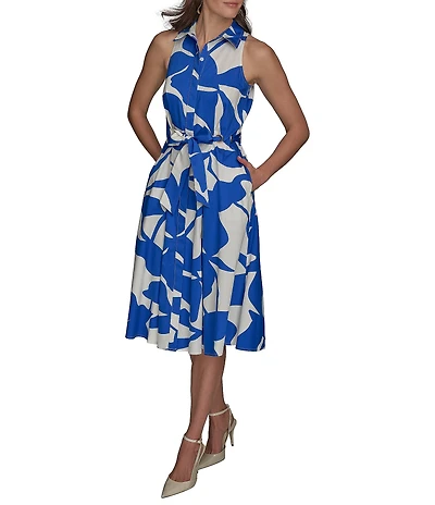 Donna Karan Floral Print Button Front Grommet Belted Midi Dress