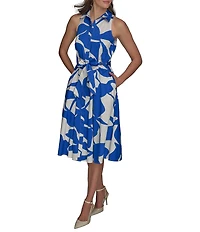 Donna Karan Floral Print Button Front Grommet Belted Midi Dress