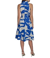 Donna Karan Floral Print Button Front Grommet Belted Midi Dress