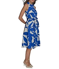 Donna Karan Floral Print Button Front Grommet Belted Midi Dress