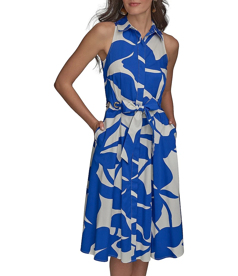 Donna Karan Floral Print Button Front Grommet Belted Midi Dress