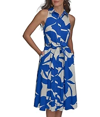 Donna Karan Floral Print Button Front Grommet Belted Midi Dress