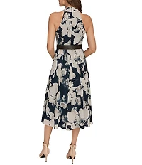 Donna Karan Floral Print Chiffon V-Neck Halter Sleeveless Belted Midi Dress