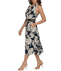 Donna Karan Floral Print Chiffon V-Neck Halter Sleeveless Belted Midi Dress