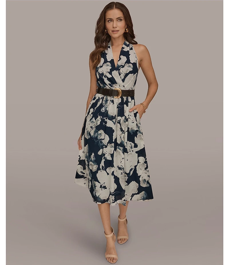 Donna Karan Floral Print Chiffon V-Neck Halter Sleeveless Belted Midi Dress