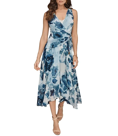 Donna Karan Floral Print Chiffon V-Neck Sleeveless Dress