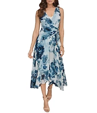 Donna Karan Floral Print Chiffon V-Neck Sleeveless Dress