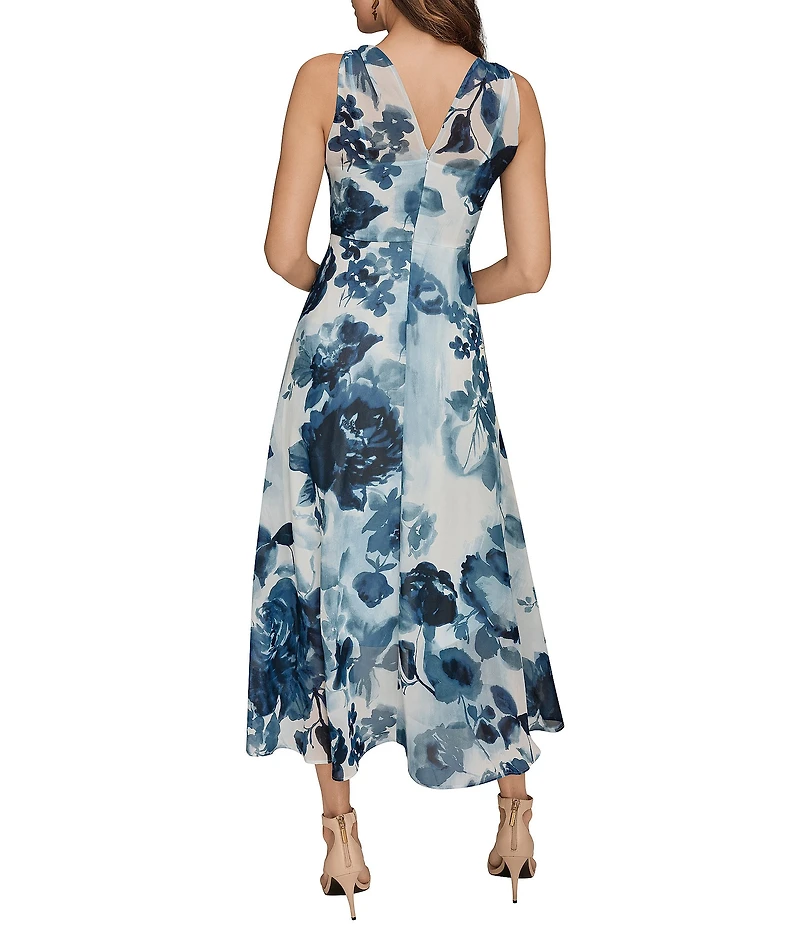 Donna Karan Floral Print Chiffon V-Neck Sleeveless Dress