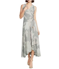 Donna Karan Floral Print Chiffon V-Neck Sleeveless Tie Front Midi Dress
