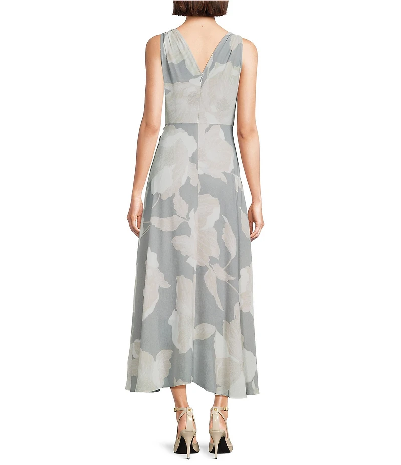 Donna Karan Floral Print Chiffon V-Neck Sleeveless Tie Front Midi Dress