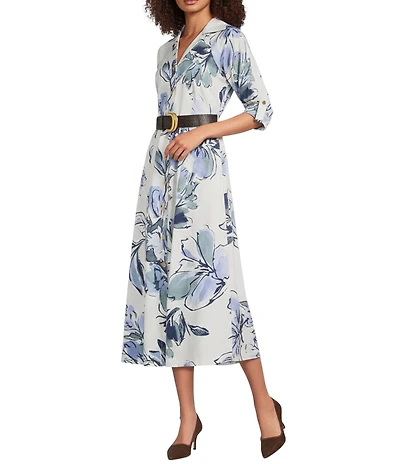 Donna Karan Floral Print Cotton Sateen 3/4 Sleeve Belted Midi Shirt Dress