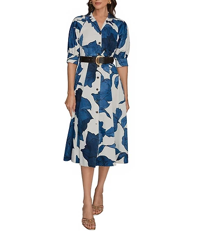 Donna Karan Floral Print Cotton Sateen Short Puff Sleeve Belted Midi Shirt Dress