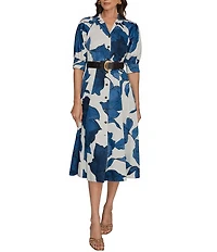 Donna Karan Floral Print Cotton Sateen Short Puff Sleeve Belted Midi Shirt Dress