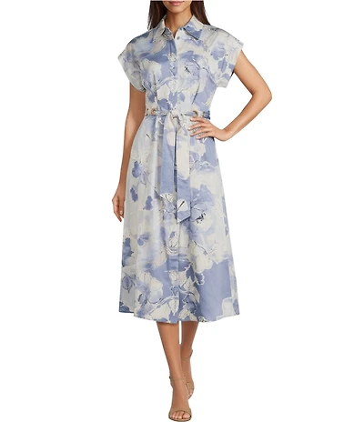 Donna Karan Floral Print Cotton Sateen Short Sleeve Midi Belted Shirt Dress