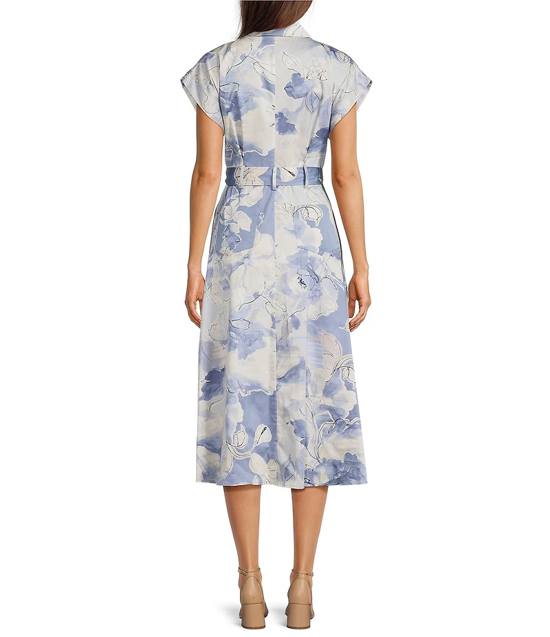 Donna Karan Floral Print Cotton Sateen Short Sleeve Midi Belted Shirt Dress